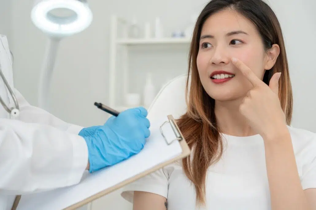 Woman pointing at her nose during rhinoplasty consultation with surgeon taking notes on a clipboard.