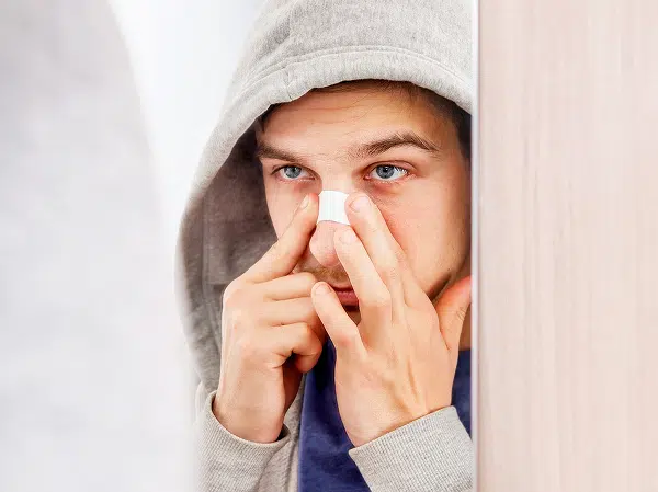 Man holding tissue to an injured nose, illustrating nasal trauma, broken nose symptoms, and breathing concerns.